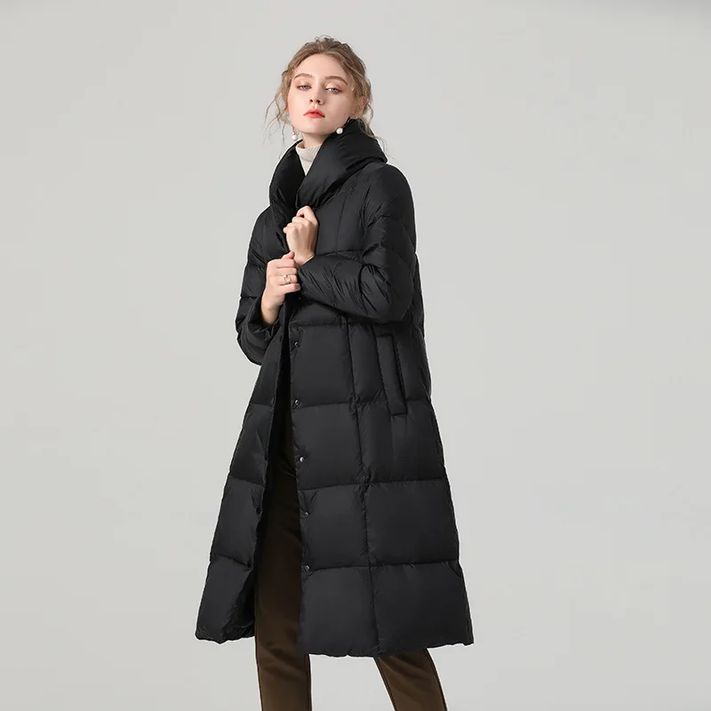 2022 Winter Thicked Fashion High Collar Long Black 90 White Duck Down Coats Women Washing-Free Warmer Jackets