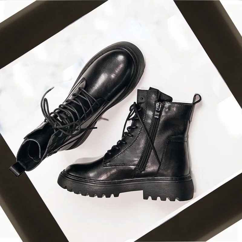 

Lady Boots Genuine Cow Leather Round Toe Thick Heel Knight Boots Platform Shoes Ankle Boots For Women Winter Boots