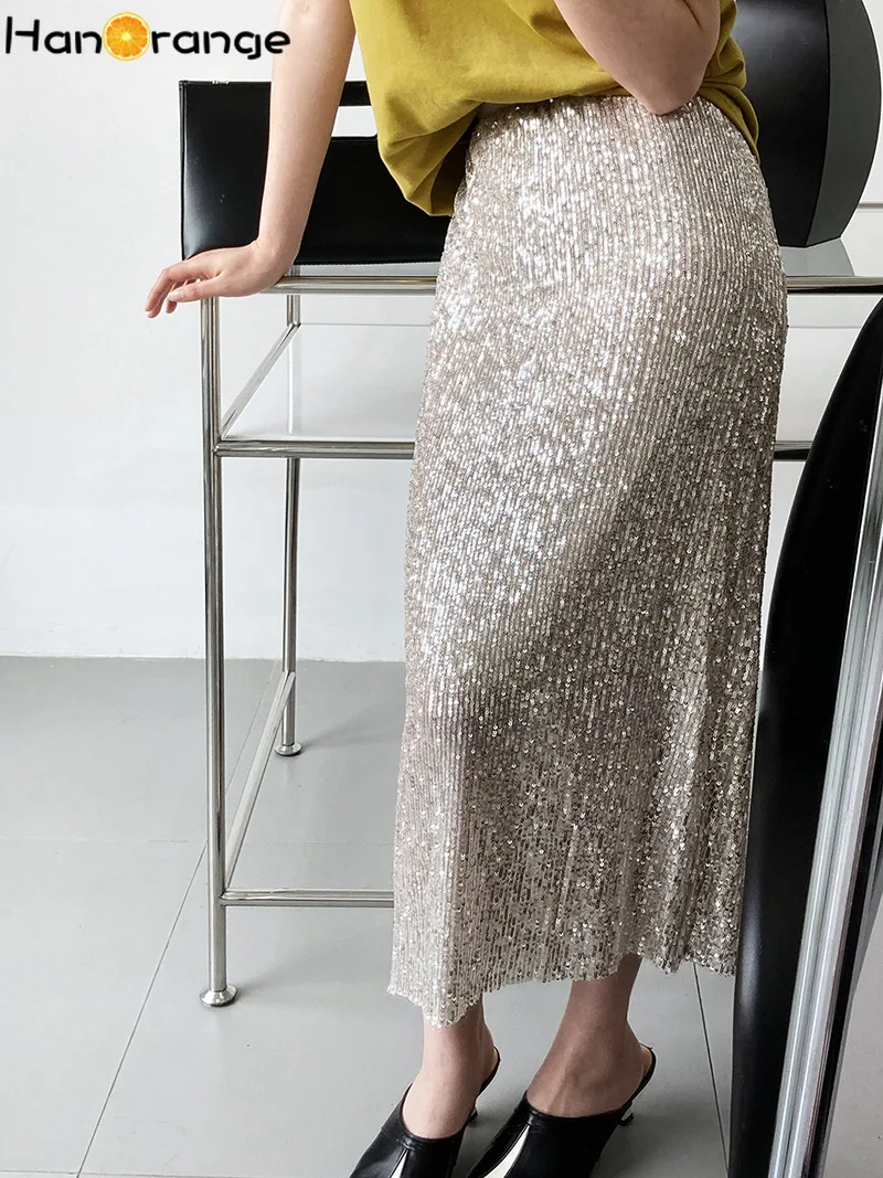 

HanOrange Sequins Skirts Woman Fashion 2022 Mermaid Elastic Waist Straight Midi Sparkling Package Hip Skirt