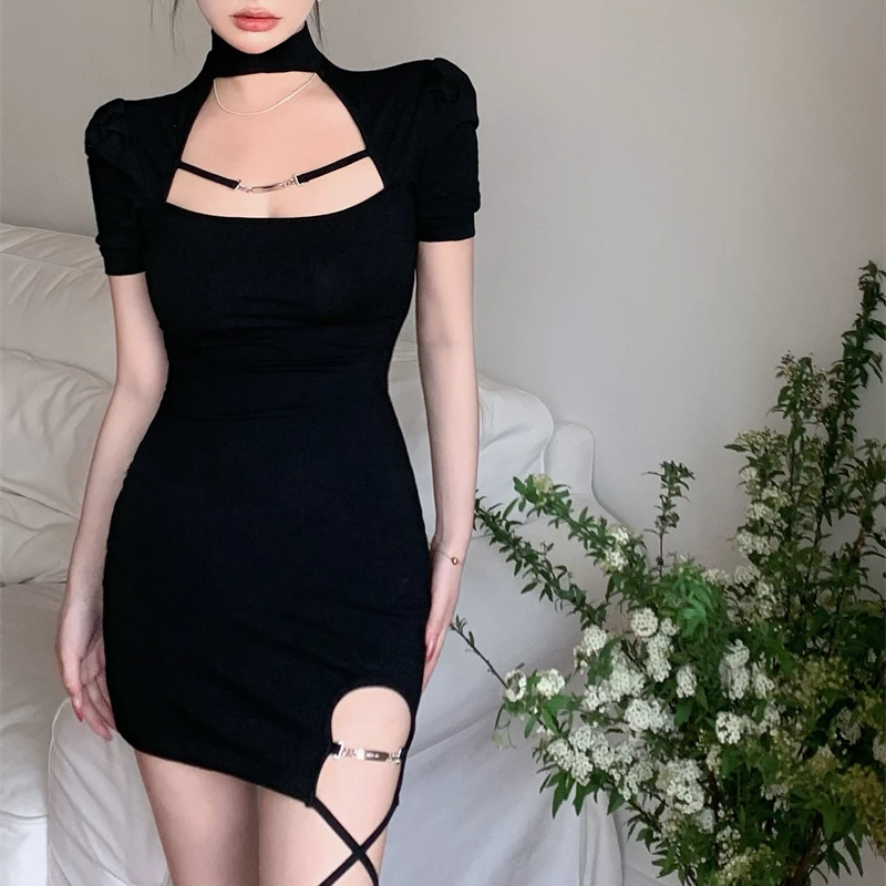 

Sweet Babes Sexy Short-sleeved Y2k Dress Women's Summer Black Careful Machine Straps Bag Hips Waist Thin Dress