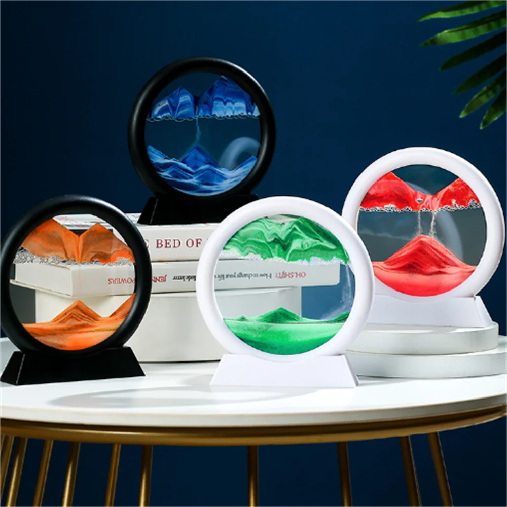 

3D Moving Sand Art Hourglass Circular Glass Dynamic Liquid Quicksand Desert 7/12 Inch Painting Desktop Flowing Frame Home Decor