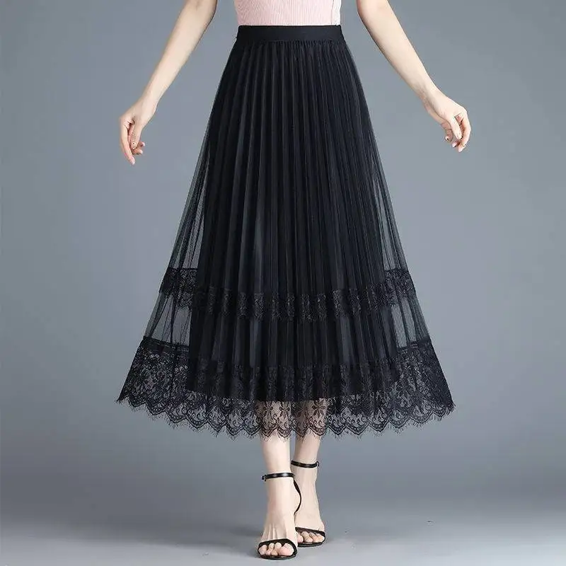 

Vintage Lace Gauze Women's Skirt 2022 Spring New Elegant Fashion Floral Loose Midi High-waisted Skirts Female Clothing