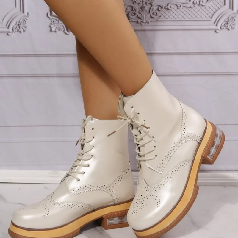 

Женские ботинки на низком каблуке, повседневные однотонные ботинки со шнуровкой спереди, модель 2022 года