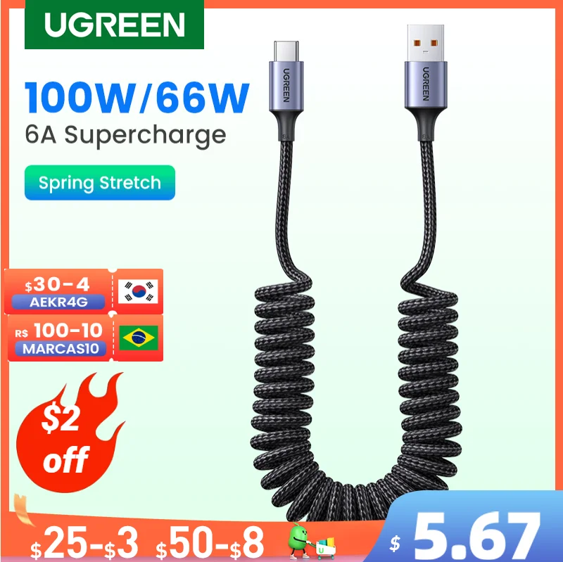 

UGREEN 6A 100W USB USB Type C Cable For Huawei Honor Xiaomi 100W/66W Spring Pull Telescopic Fast Charging Car Charger USB Cable