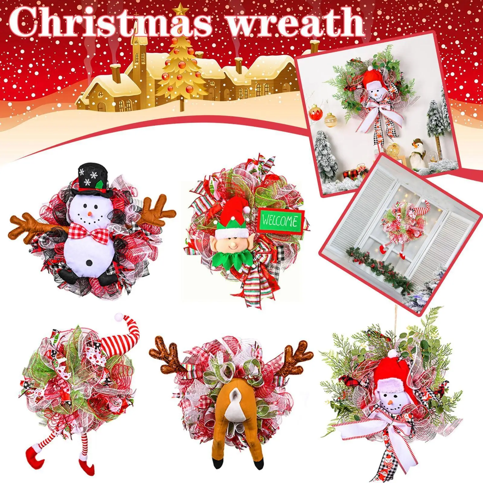 

Christmas Wreath for Front Door Handcrafted Wreath Santa Snowman Elk Christmas Decoration R7D2