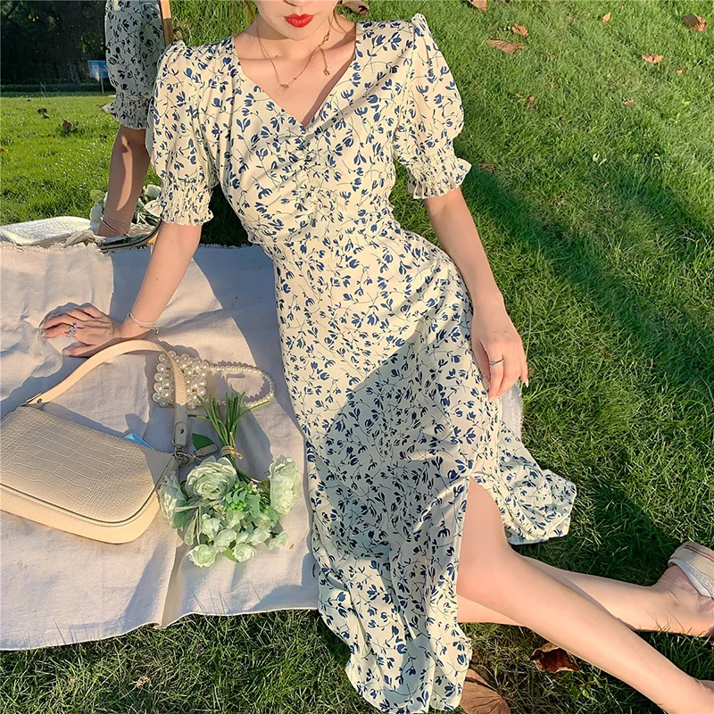 

2022 New Fashion Summer Women Floral Print Dres Vintage Office Lady Long Skirts Beach Style Cute Dress Ins Dropshipping
