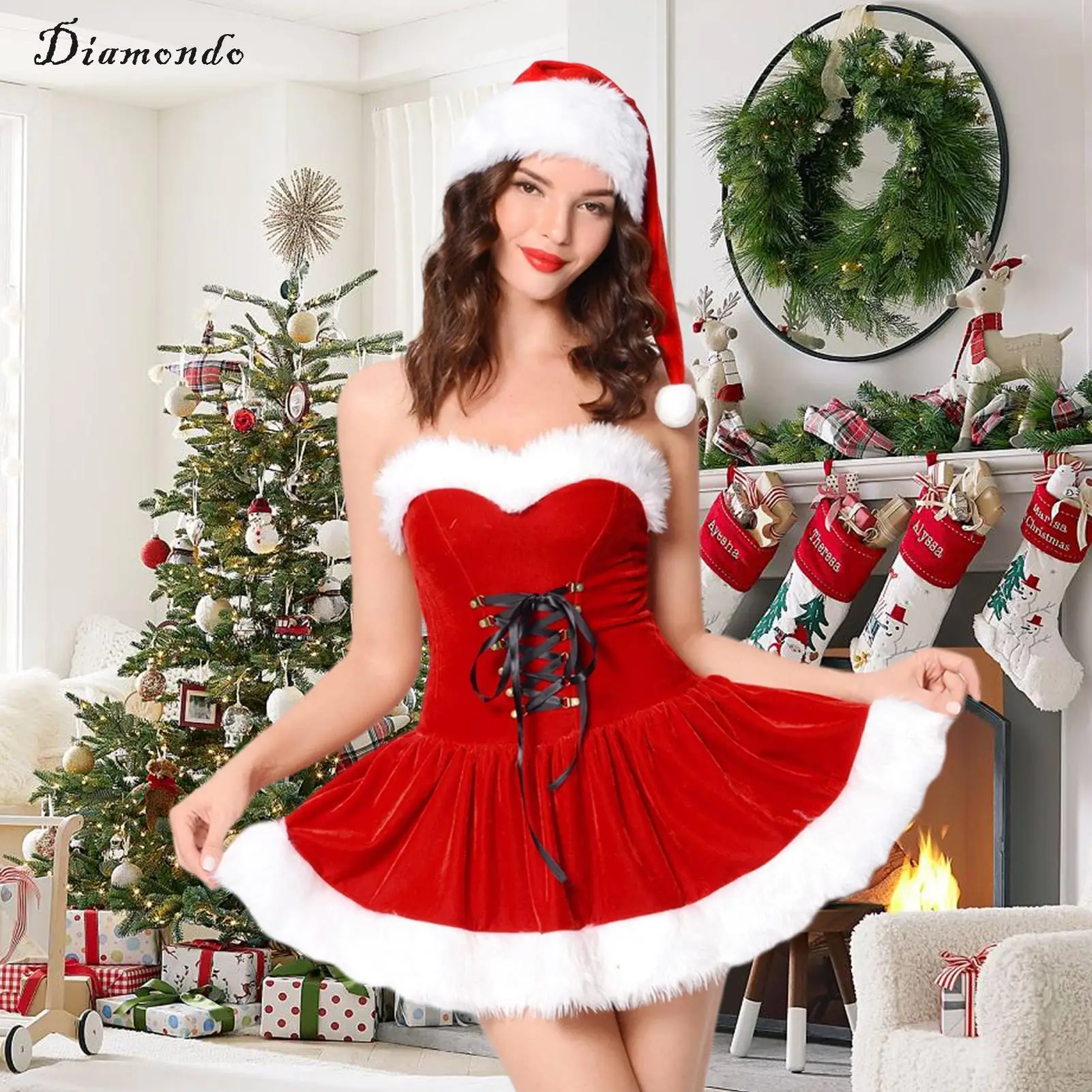 

Christmas Mini Dress Women Slim Fit Furry Edge Santa Claus Tube Dress with Hat Sleeveless Tie Up Sweetheart Neck Vacation Outfit