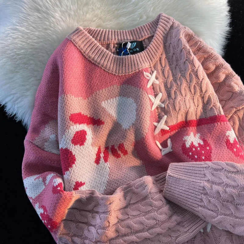 

Design sense niche OVERsize strawberry bear sweater men and women autumn winter loose languid lazy Chic chic knit coat
