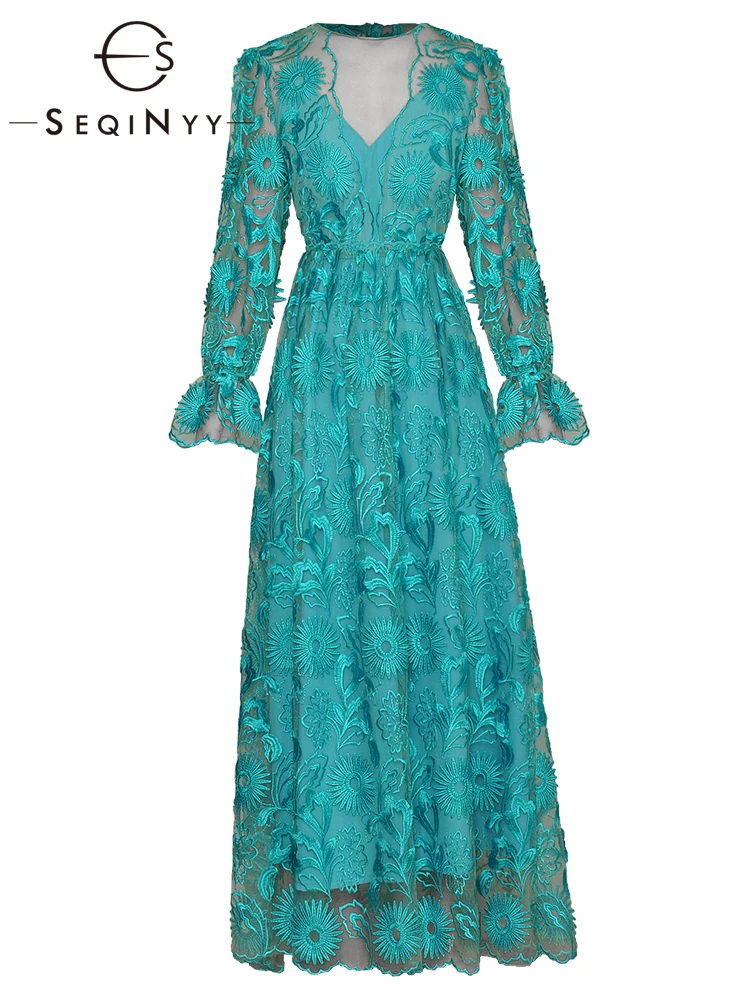 SEQINYY Elegant Long Dress Spring Autumn New Fashion Design Women Runway High Quality Embroidery Flowers A-Line Party