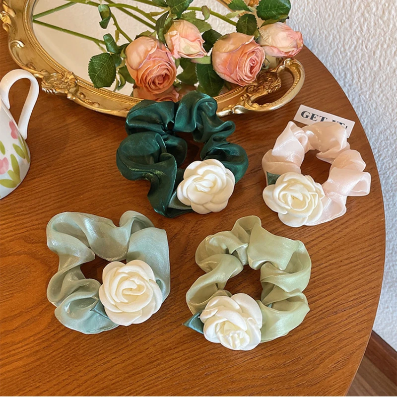 

Korean Fashion Spring Green Hair Bands Women Hair Accessories Graceful Camellia Satin Hair Scrunchies For Women Girls
