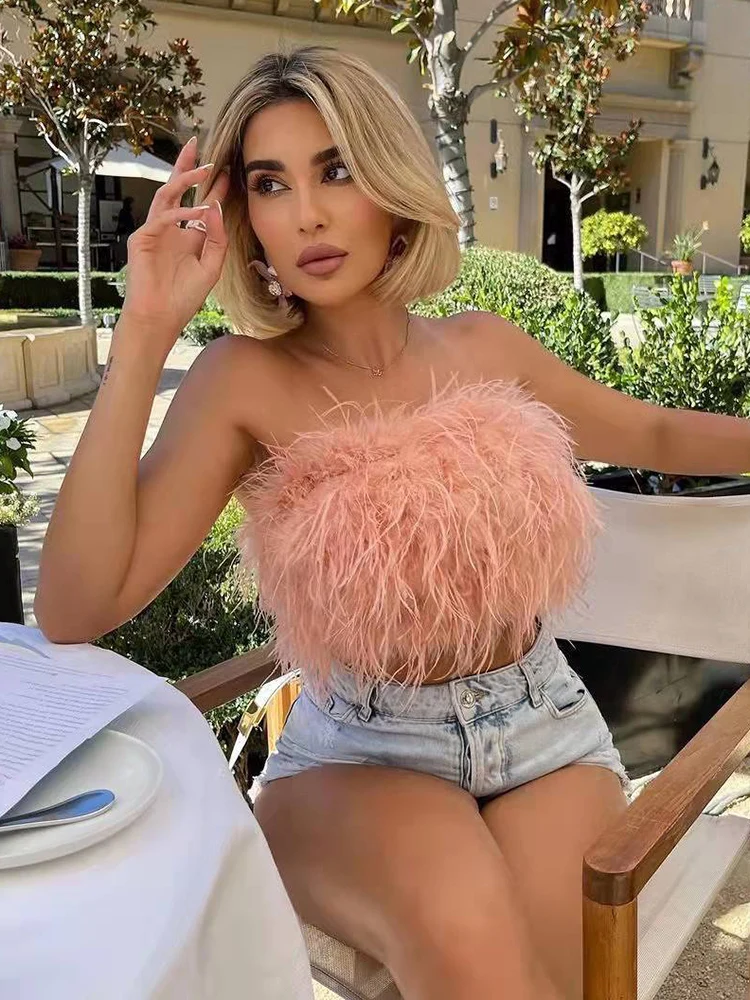 Топ женский с перьями пикантный укороченный корсет майка открытой спиной жилет