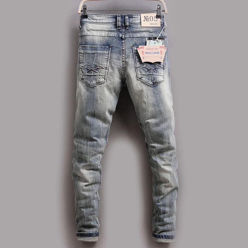 Italian Fashion Men Jeans High Quality Retro Gray Blue Elastic Slim Fit Ripped Jeans Men Patched Vintage Designer Pants Hombre