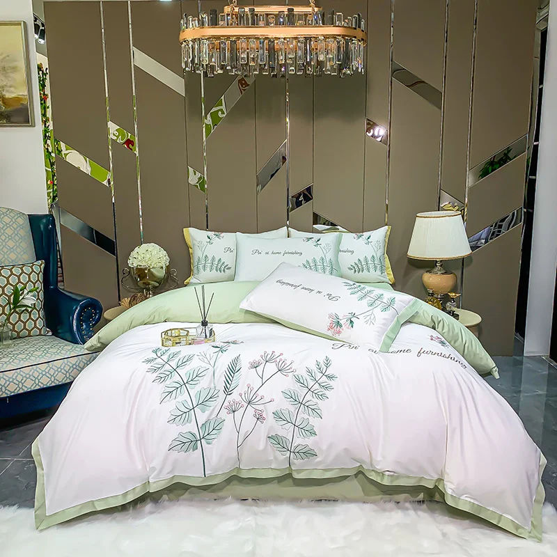 

White Plant Flowers Embroidery Egyptian Cotton ding Duvet Cover 220X240 Sheet Pillowcases Double Bed Set For Home