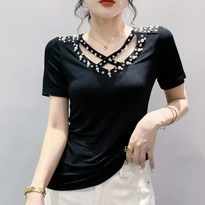 

#6585 Black Green Short T Shirt Women V-neck Hollow Out Diamonds Pearls Slim Sexy Streetwear T-shirt Female Short Sleeve Summer