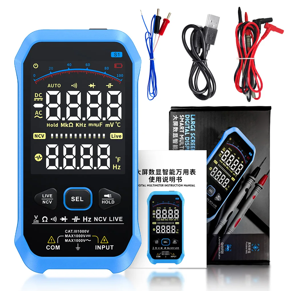 

FNIRSI S1 Smart Digital Multimeter 9999counts AC DC Voltage Resistance Capacitance Diode NCV Hz Live Wire Color Display Tester