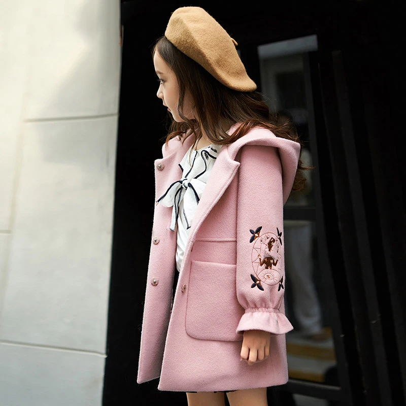 

Autumn Winter Girls Woolen Coat Pink Red Floral Petal Sleeves Long Jacket Kids Windbreaker Overcoats Baby Girl Winter Clothes