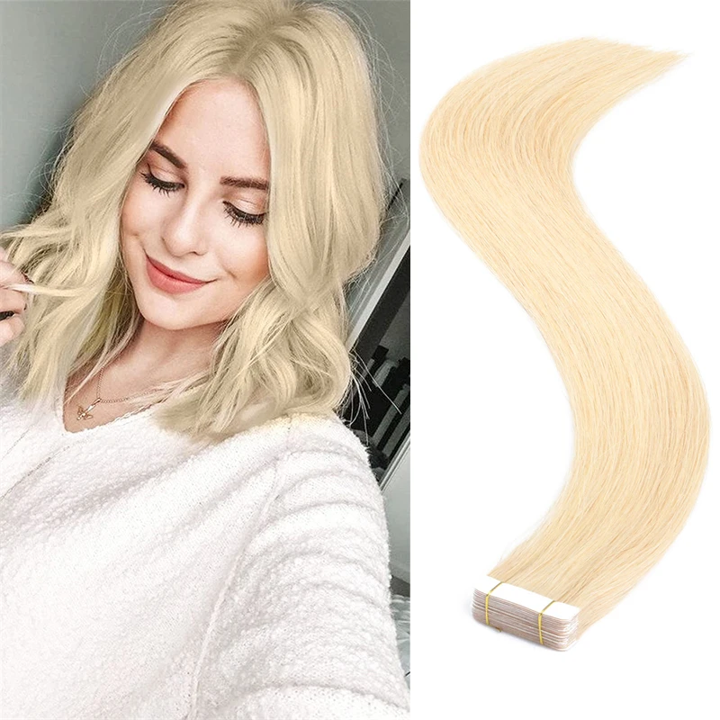 Platinum Blonde Tape In Human Hair Extensions Skin Weft Hair Extensions Adhesive Invisible Real Silky Straight High Quality