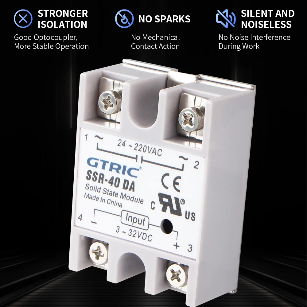 Фото Твердотельное реле GTRIC SSR-25DA SSR-40DA SSR-80DA, вход DC-AC/AC-AC 3-32В DC, выход 24-480В AC, однофазный релейный модуль №2