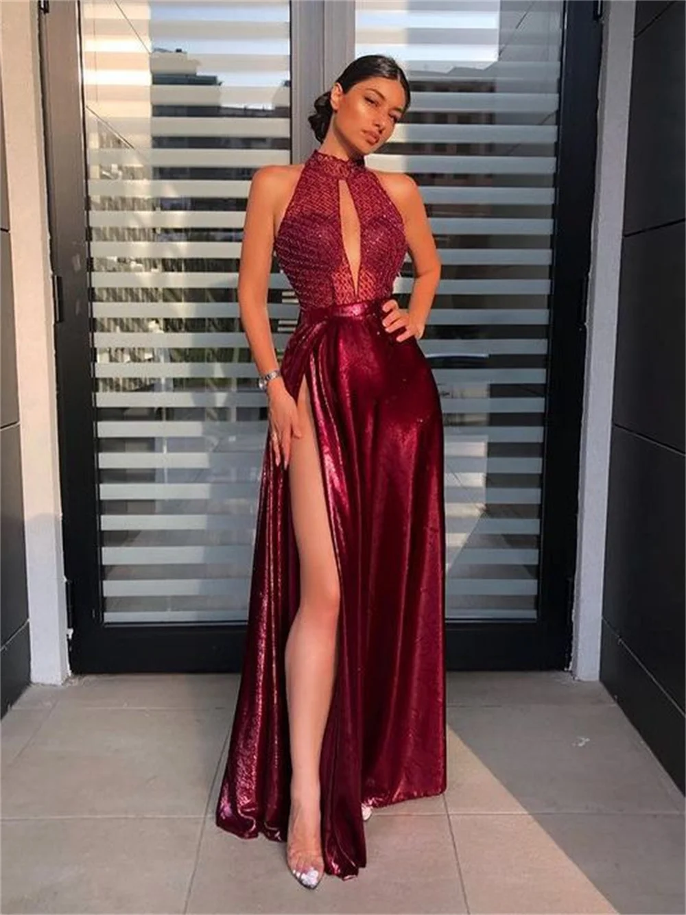Women Sexy Prom Evening Dress Hollow Out Halter Backless Long Party Dress Fashion Sequined High Split Formal Dress