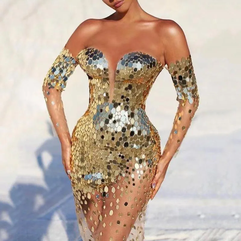 Women'S Dress Sequins One Shoulder Sexy Mesh Perspective Long Evening Dress