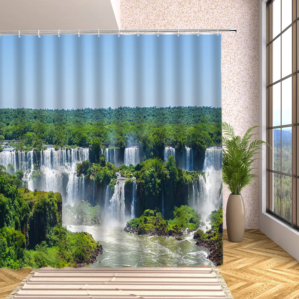 

Plant Forest Waterfall Landscape Shower Curtains Green Jungle Stream Natural Scenery Waterproof Fabric Decor Bathroom Curtains