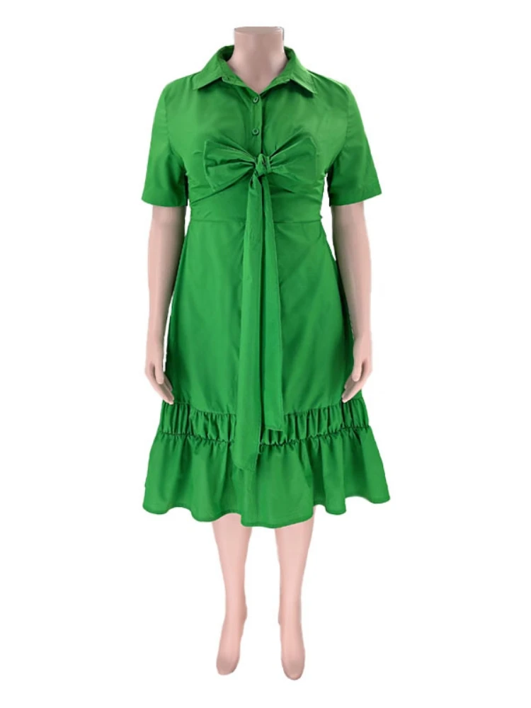 Plus Size Summer Dress Women 4xl 5xl 2023 Elegant Bow Pleated Midi Office Ladies Dresses Robe Grande Taille Female Vestidos 2023
