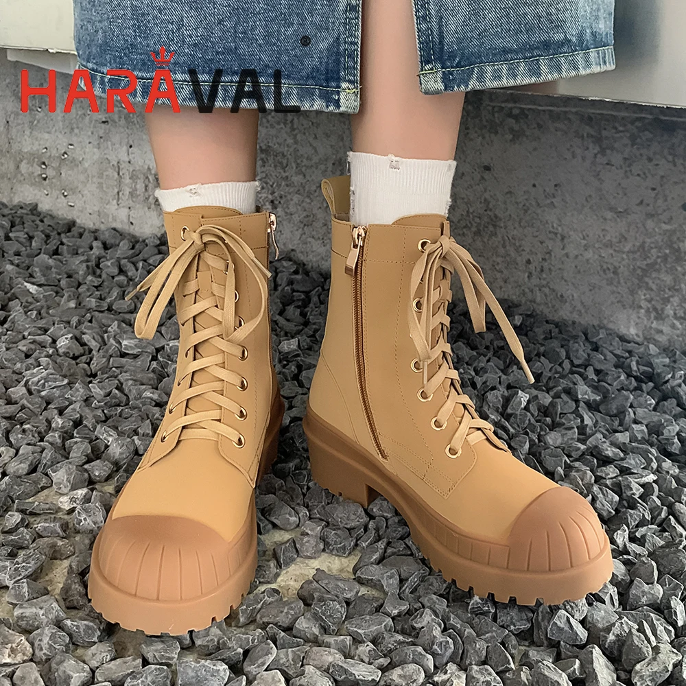 

HARAVAL Women Leisure Shoes Cross Lace Up Thick Mid Heels Rounded Toe Solid Autumn Spring Elegant Fashion Female Footwear