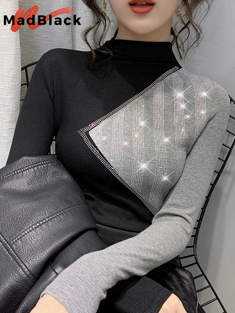 

Осенняя европейская одежда MadBlack, футболка из хлопка, сексуальные Лоскутные блестящие Женские топы со стразами, ручная работа 2022, футболки с длинным рукавом T27027L