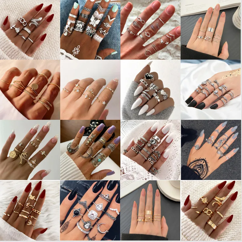 

Trendy Finger Ring Set for Women Silver Personality Punk Metal Irregular Rings Set Creative Party Jewelry
