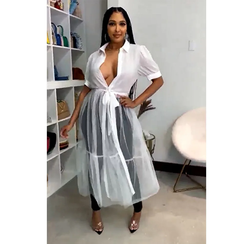 

Fashion White Shirt Dress Button Half Sleeve Gauze Mesh Patchwork Party Long Dresses Elegant Office Lady Bandage Maxi Vestidos
