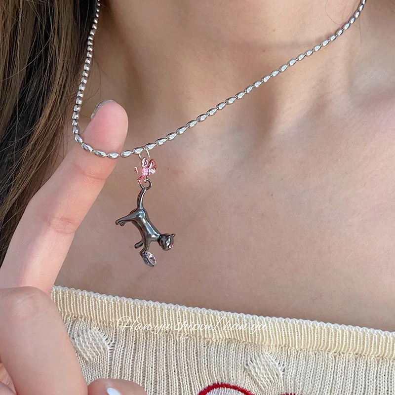 

Bow Rhinestone Love Heart Y2k Necklace Earrings Black Cat Pendant Korean Fashion Sweet Aesthetic Creative Accessories Jewelry