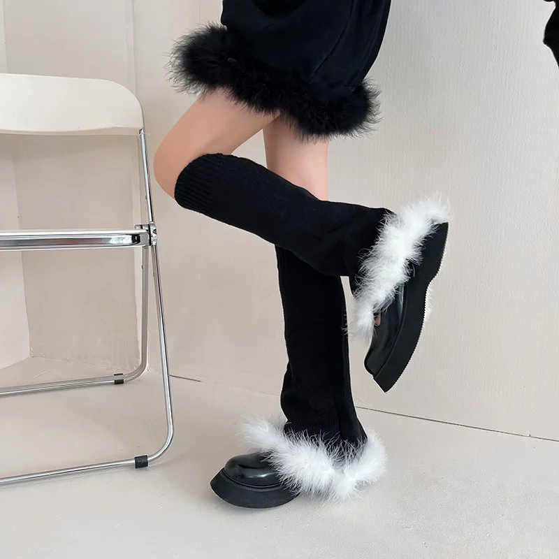 Feather Leg Warmers Japanese Thigh-length Socks Y2k Flared Leggings Winter Footwear Mid-calf Socks Jk Lolita Calf Boots Sock