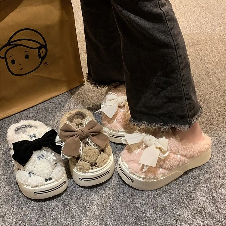 

Женские тапочки с бантом, домашние Нескользящие шлепанцы для дома, теплые плюшевые Нескользящие тапки для дома, Осень-зима 2023