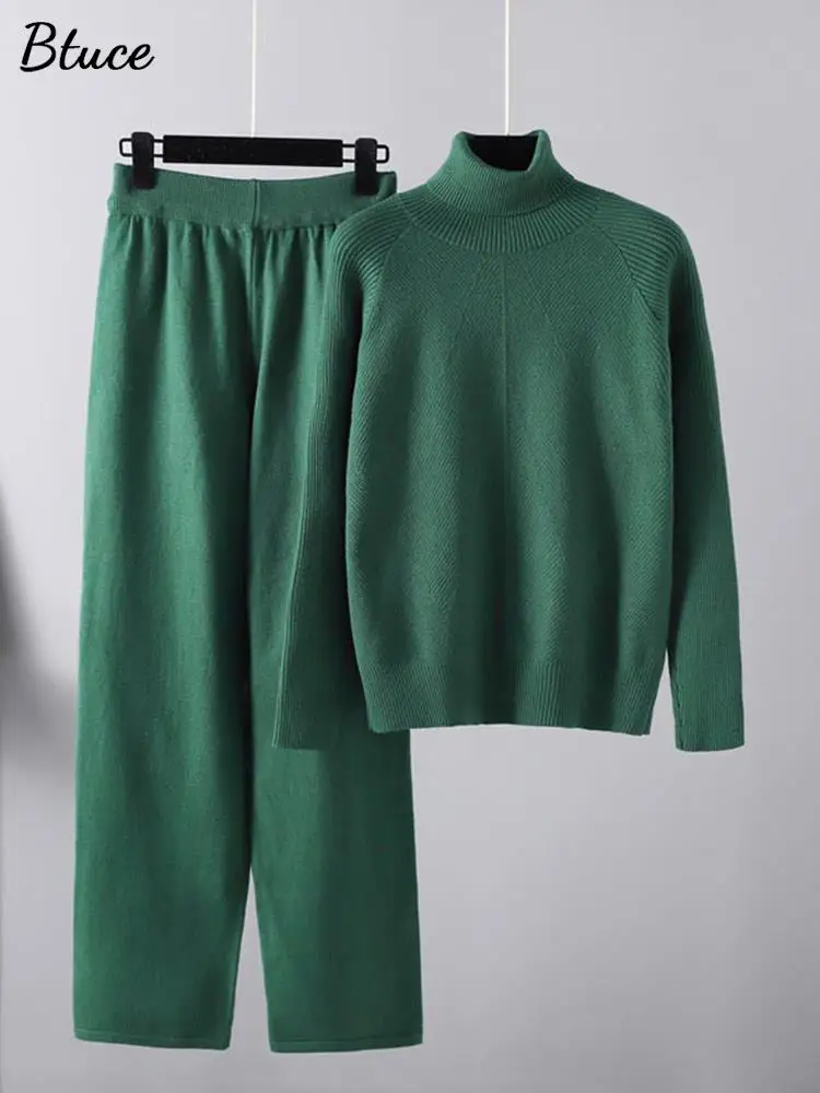 

Women Turtlneck Sweater+Elastic Waist Wide Leg Pants 2 Pieces Set Female Fashion Solid Knitted Sweater Suits Winter Lady Sets