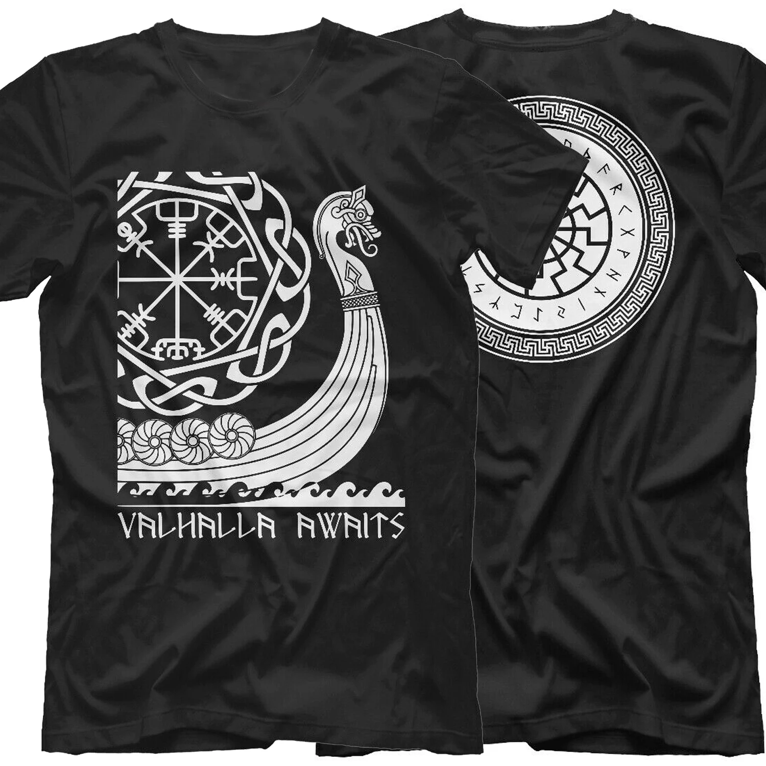 

Valhalla Awaits. Unique Viking Ship Compass Dragon Boat T shirt. High Quality Cotton, Big Sizes Top, Breathable Casual Tshirt