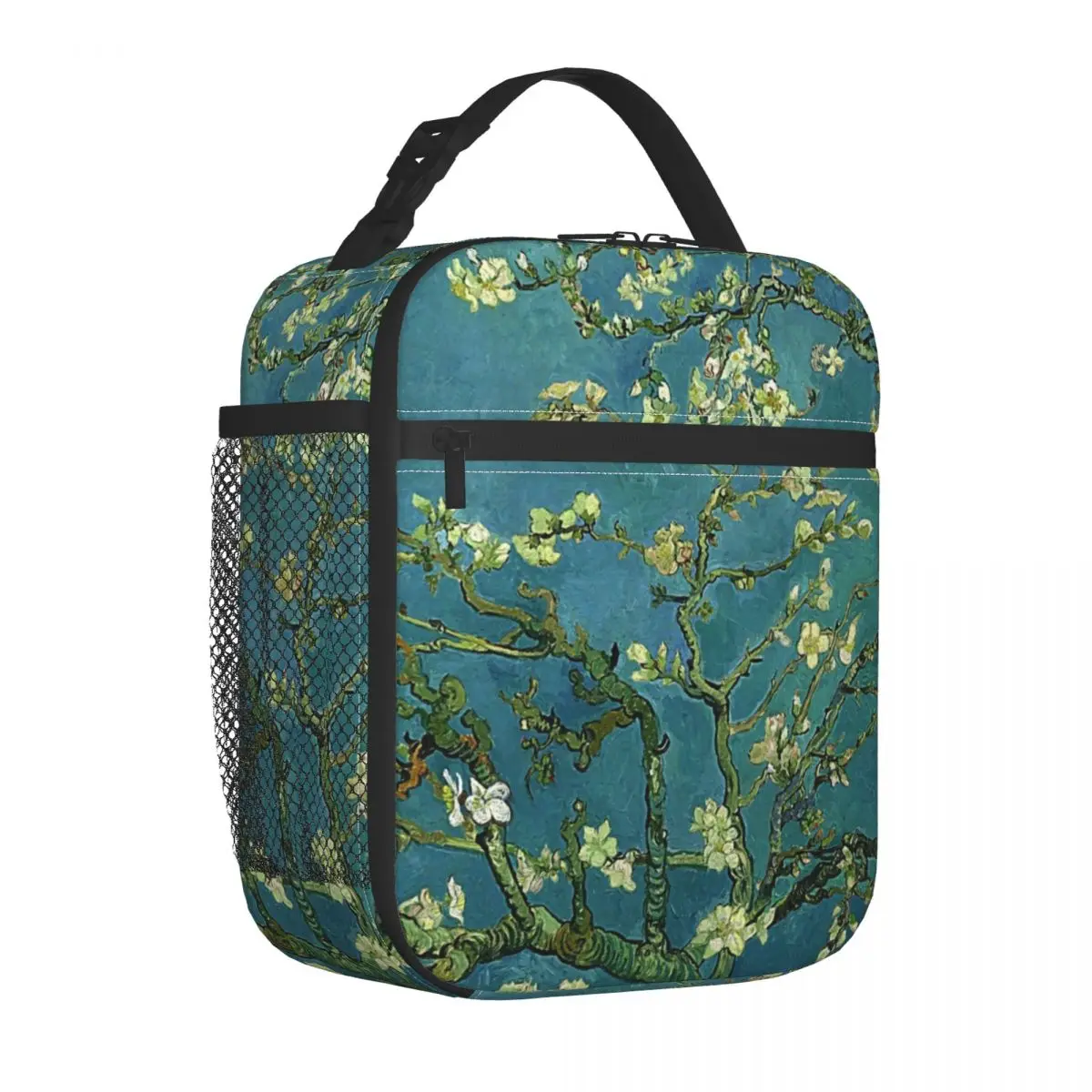 

Floral Print Art Lunch Bag with Handle Van Gogh Almond Blossoms Elegant Mesh Pocket Cooler Bag Cooling Picnic Meal Thermal Bag