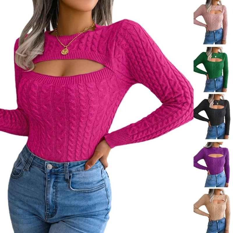 

50JB Womens Slouchy Pullover Shirt Sweater Long Sleeve Crochet Knitwear Hollow Tops