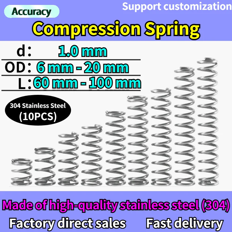 

Wire Diameter 1.0 mm 304 Stainless Steel Outside Diameter 6~20mm Compression Spring Return Compressed Pressure Springs 10 Pcs