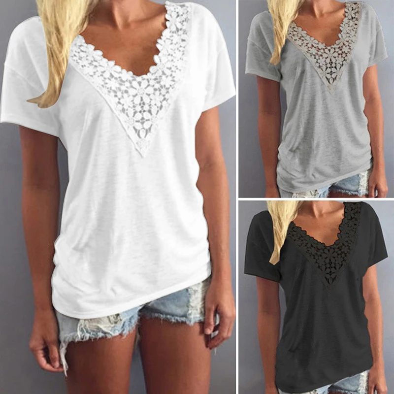 

Sexy Lace Patchwork Women T Shirt Summer 2023 Female Short Sleeve Slim White Black Tee Tops Casual T Shirt Clothes