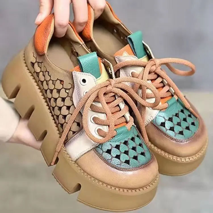 

Dad Shoes Hollow Out Women's 2022 New Spring and Autumn Comfortable Leather Breathable Casual Fashion Thick Bottom Casual Shoes
