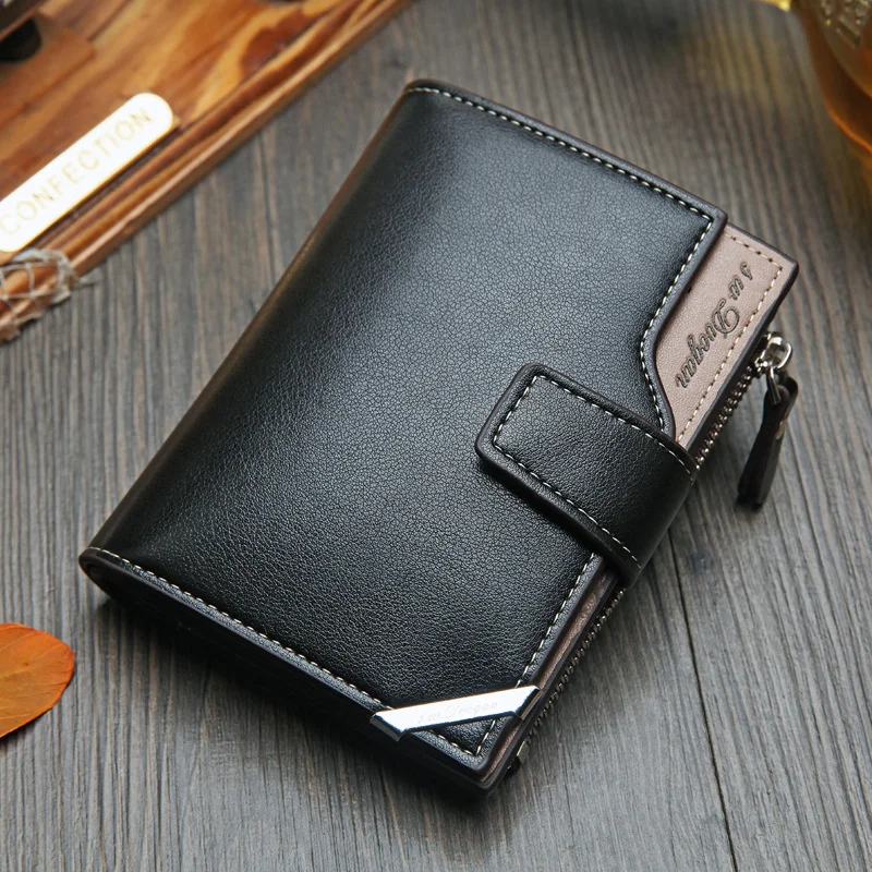 

Men Short Wallet with Zipper Coin Pocket Male Small Purse Photo Slot SIM Credit Card Holder Three Fold Money Bag PU Leather