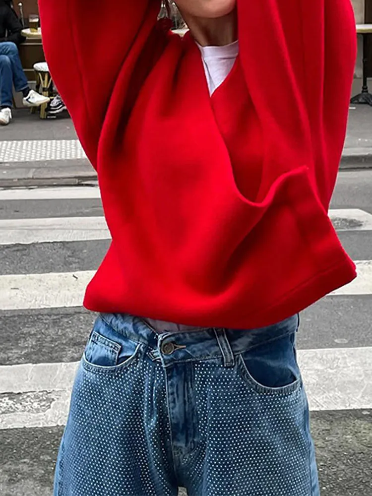 Женский свитер в стиле ретро красный Свободный пуловер с V-образным вырезом и