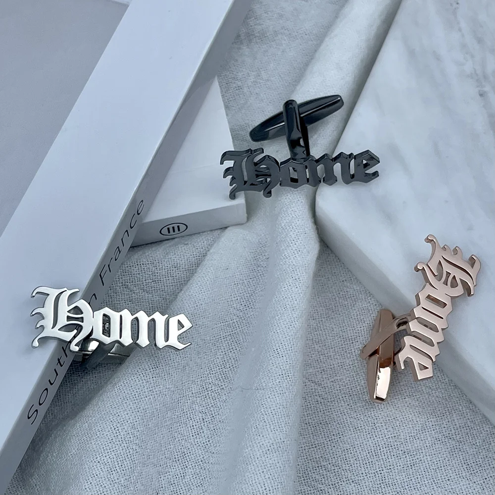 

Letters Old English font "Home" Cufflinks For Men Stainless steel Mens Fashion Gemelos Gold Metal Party Shirt Cuff Links luxury