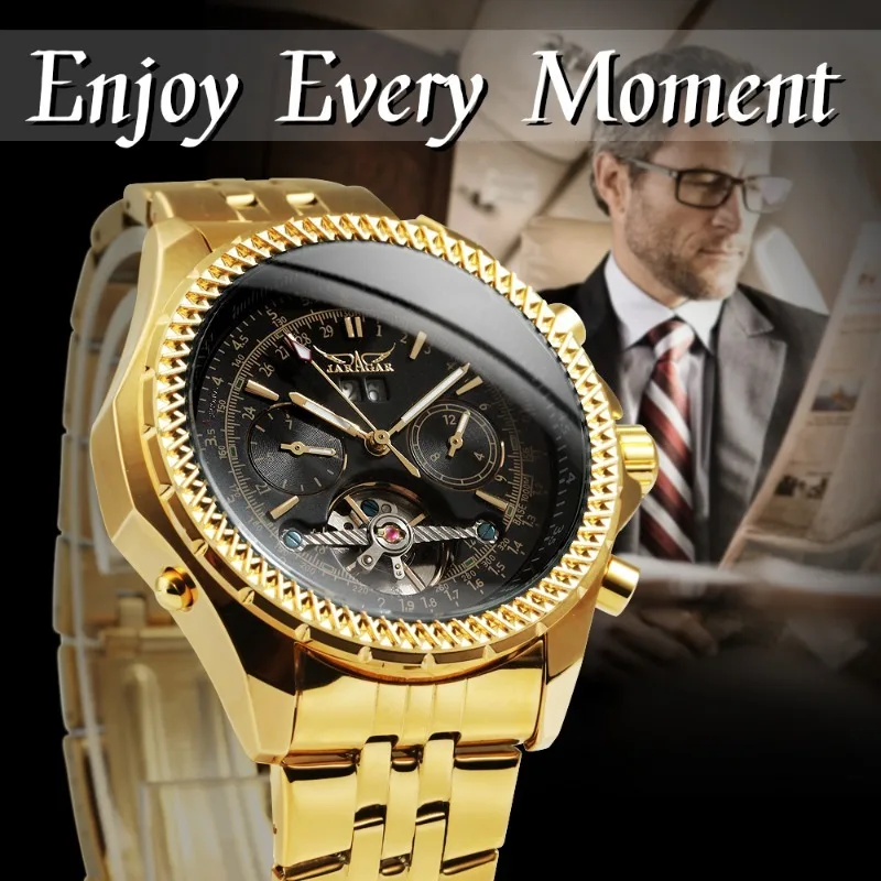 

Gold Military Automatic Mens Watch Calendar Luminous Hands Tourbillon Skeleton Mechanical Watches Stainless Steel Strap
