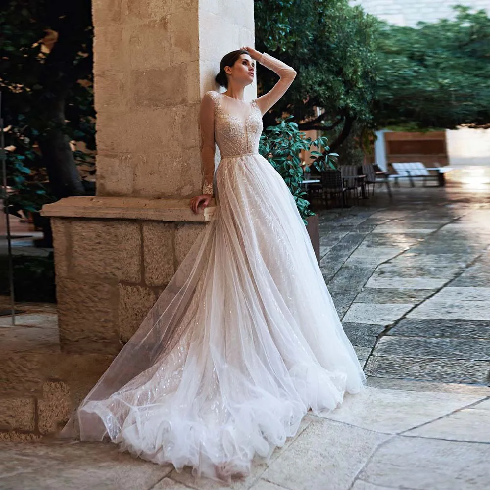 

Exquisite Wedding Dresses 2022 New Jewel Long Sleeve Open Back Zipper Bridal Gown Glitter Lace Beading Sequin Bride Dress Custom