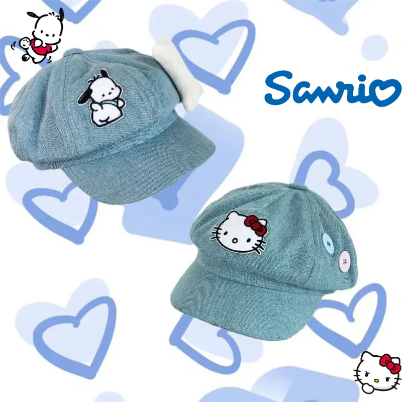 

Sanrio Anime Hello Kitty Vintage Denim Beret Kawaii Pochacco Summer Girls Y2k Style Sunshade Octagonal Hat Cartoon Artist Hat