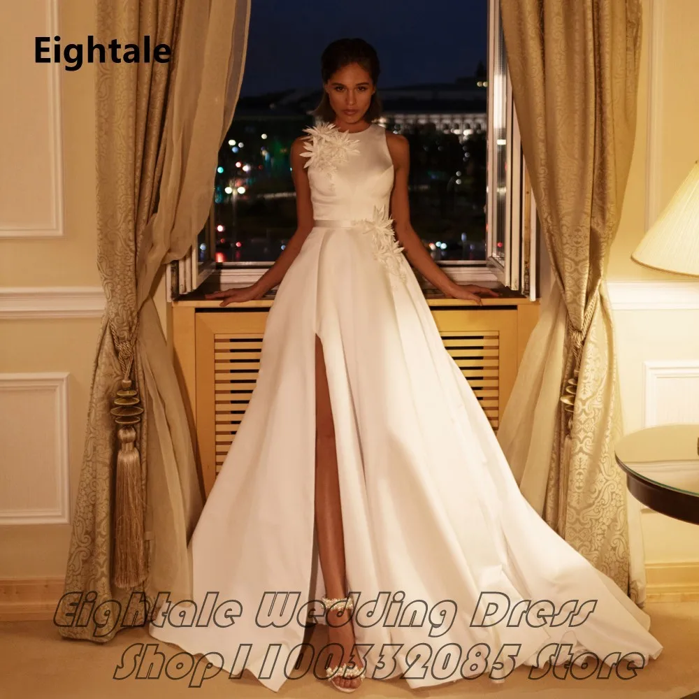 

Eightale 2022 Sexy High Slit Satin Wedding Dress Flower Appliques Cross Back Bridal Dress Floor Length Vestidos De Novia