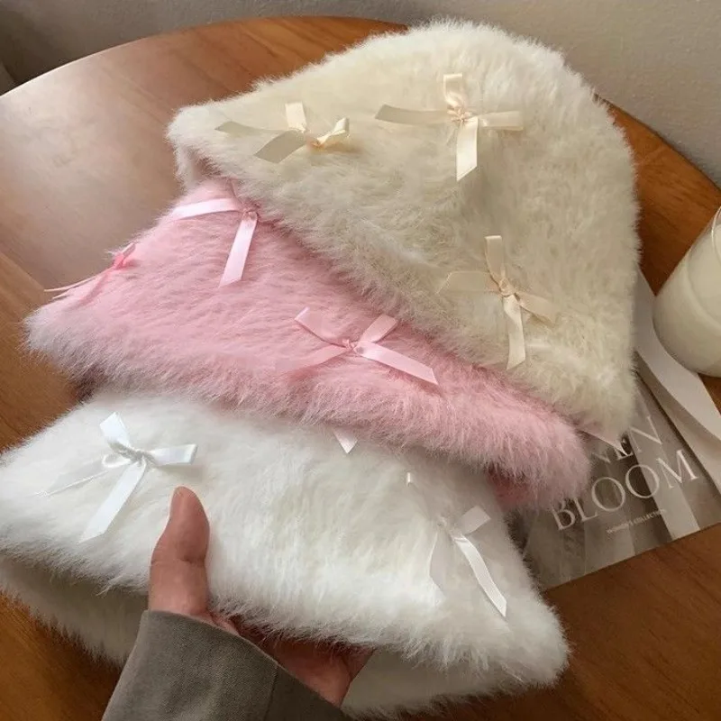 Милые популярные шляпы-ведра из искусственного меха с бантом для девочек женские