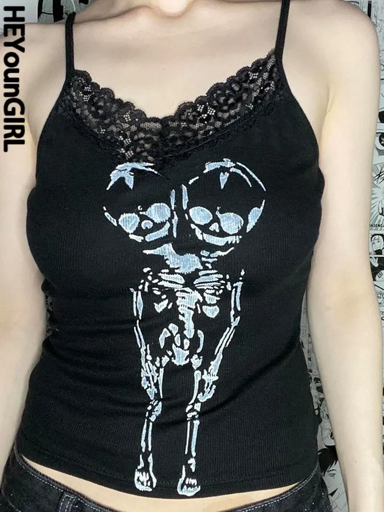 

Женская кружевная майка HEYounGIRL, топ без рукавов в готическом стиле с принтом скелета, Повседневная укороченная майка в рубчик в стиле Харадз...