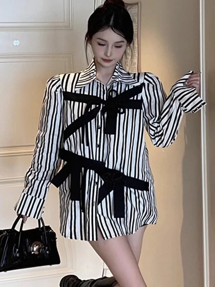 

Striped Bow Patchwork Women Loose Shirt 2023 French Temperament Elegant Fashion Lapel Puff Sleeve Casual Blouse Blusas Mujer